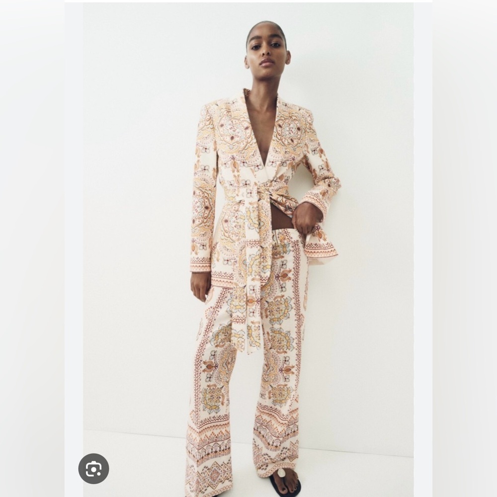 Zara PRINTED LINEN BLEND pants with matching belted blazer